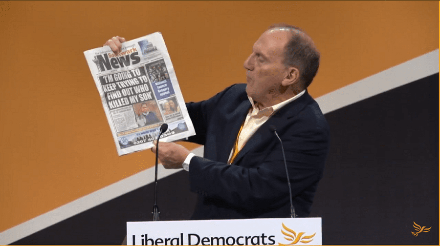 Sir Simon Hughes speaking at the Liberal Democrat autumn conference in Bournemouth in 2017